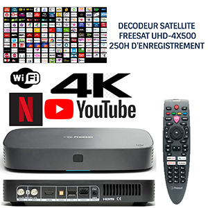 Dcodeur satellite HD FREESAT UHD-4X500, 200 chanes sat anglaises, 13 chanes anglaises HD, sans abonnement, 250h enregistrement